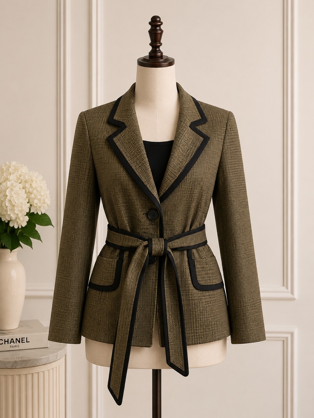 Le Suit Olive Plaid Belted Blazer with Black Trim